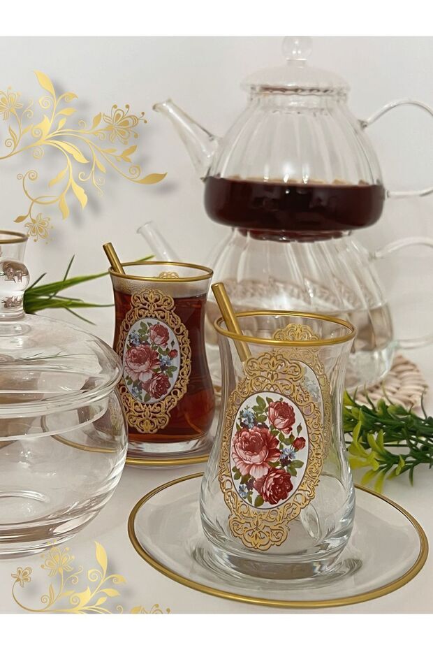 Premium Gold Rose Turkish Tea Glass Set - 6 Person - TryAladdin