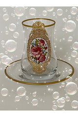 Premium Gold Rose Turkish Tea Glass Set - 6 Person - TryAladdin