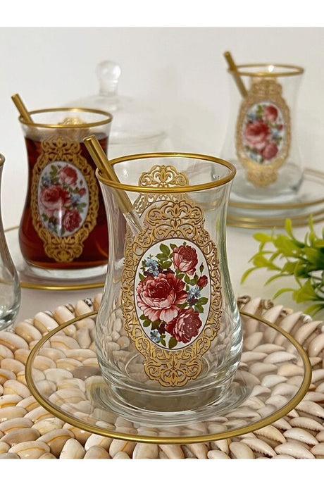 Premium Gold Rose Turkish Tea Glass Set - 6 Person - TryAladdin