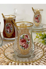 Premium Gold Rose Turkish Tea Glass Set - 6 Person - TryAladdin