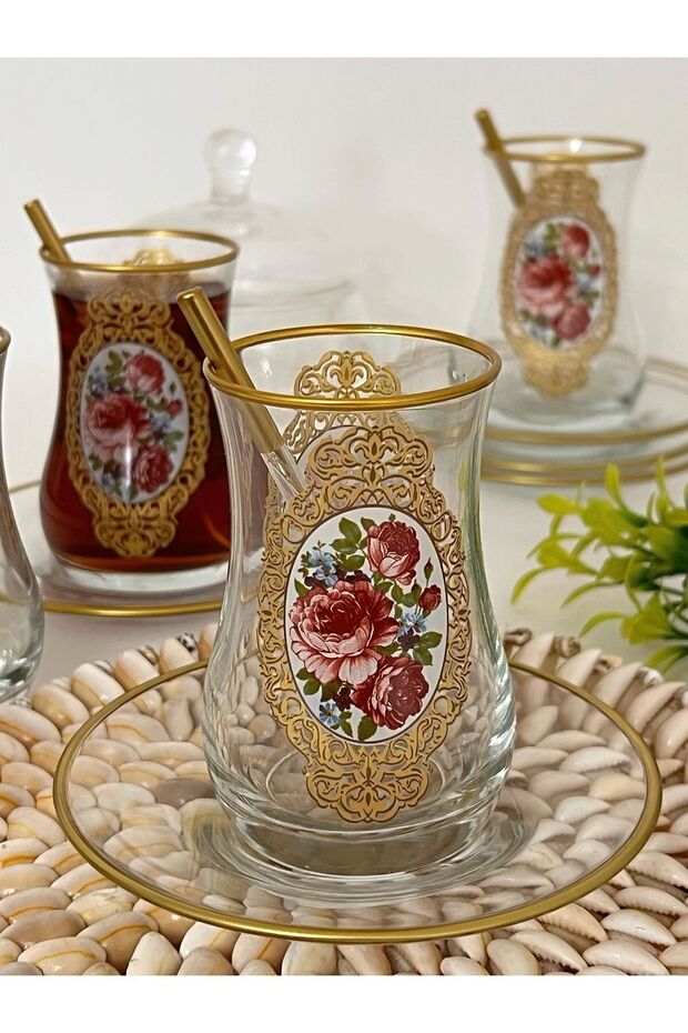 Premium Gold Rose Turkish Tea Glass Set - 6 Person - TryAladdin