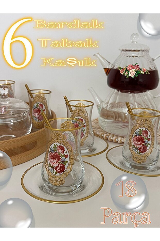 Premium Gold Rose Turkish Tea Glass Set - 6 Person - TryAladdin