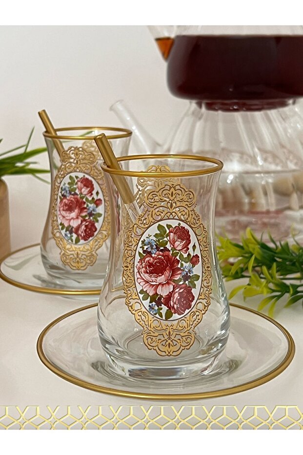 Premium Gold Rose Turkish Tea Glass Set - 6 Person - TryAladdin