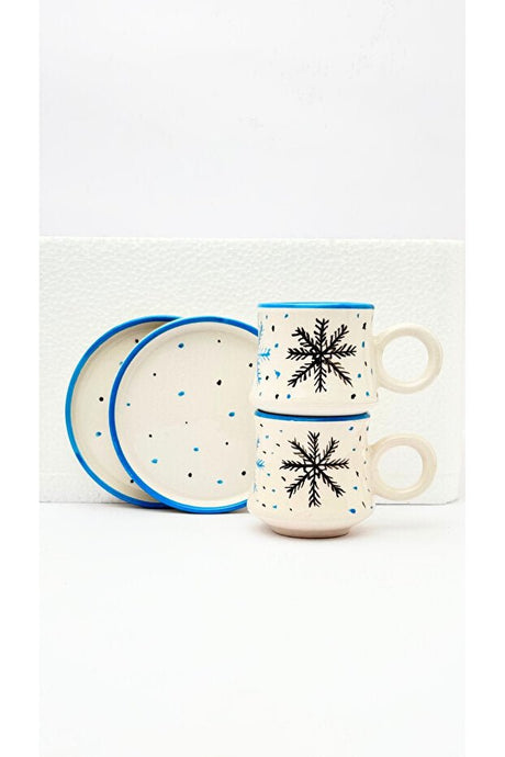 Premium Handcrafted Ceramic Turkish Coffee Cup Set - Snowflake Design - Set of 2 - TryAladdin