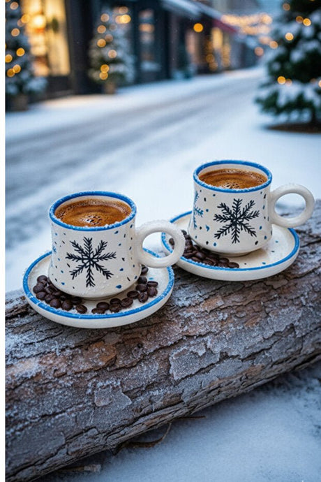 Premium Handcrafted Ceramic Turkish Coffee Cup Set - Snowflake Design - Set of 2 - TryAladdin