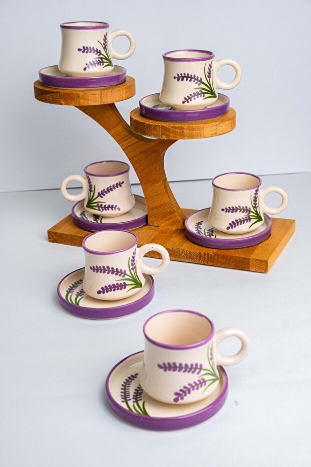 Premium Handmade Artisan Ceramic Turkish Coffee Cup Set, Lavender Design - 6 - Piece Set - TryAladdin
