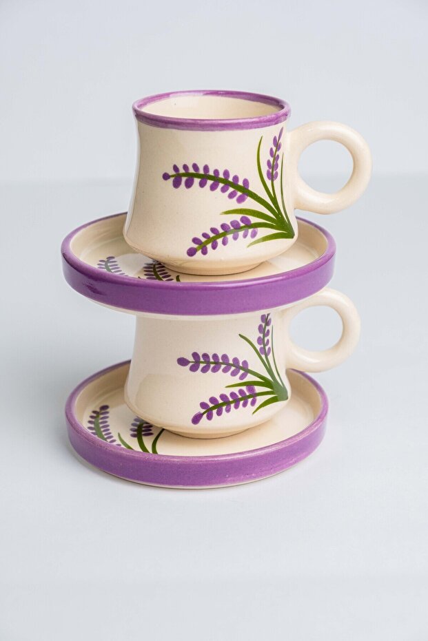 Premium Handmade Artisan Ceramic Turkish Coffee Cup Set, Lavender Design - 6 - Piece Set - TryAladdin
