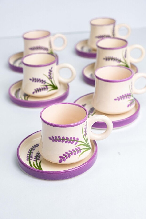 Premium Handmade Artisan Ceramic Turkish Coffee Cup Set, Lavender Design - 6 - Piece Set - TryAladdin