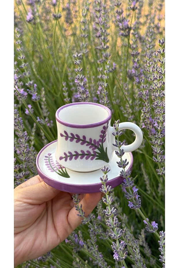 Premium Handmade Artisan Ceramic Turkish Coffee Cup Set, Lavender Design - 6 - Piece Set - TryAladdin