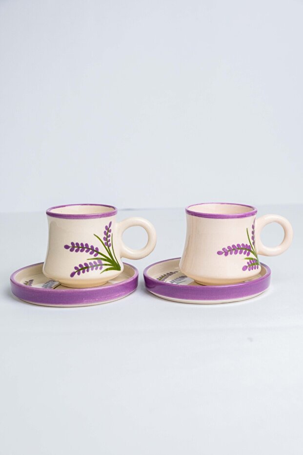 Premium Handmade Artisan Ceramic Turkish Coffee Cup Set, Lavender Design - 6 - Piece Set - TryAladdin