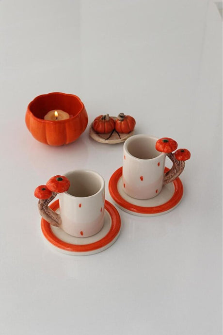 Premium Handmade Pumpkin Handle Ceramic Coffee Cup Set - 4 - Piece, 110ml - TryAladdin