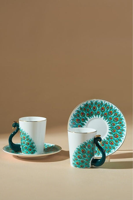 Premium Karaca Peacock Turkish Coffee Cup Set - 2 Cups 90ml - TryAladdin