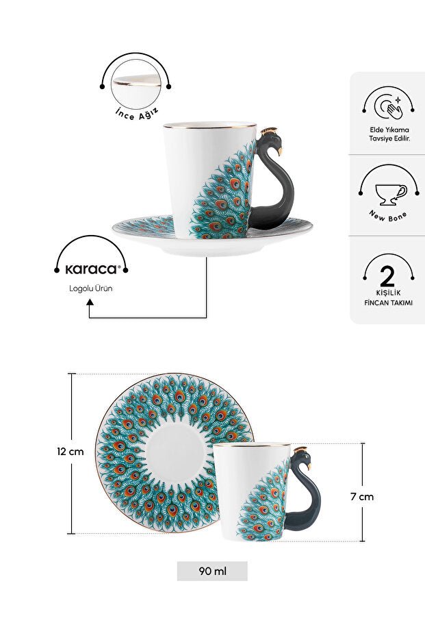 Premium Karaca Peacock Turkish Coffee Cup Set - 2 Cups 90ml - TryAladdin