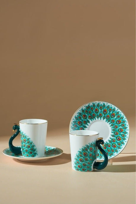 Premium Karaca Peacock Turkish Coffee Cup Set - 2 Cups 90ml - TryAladdin