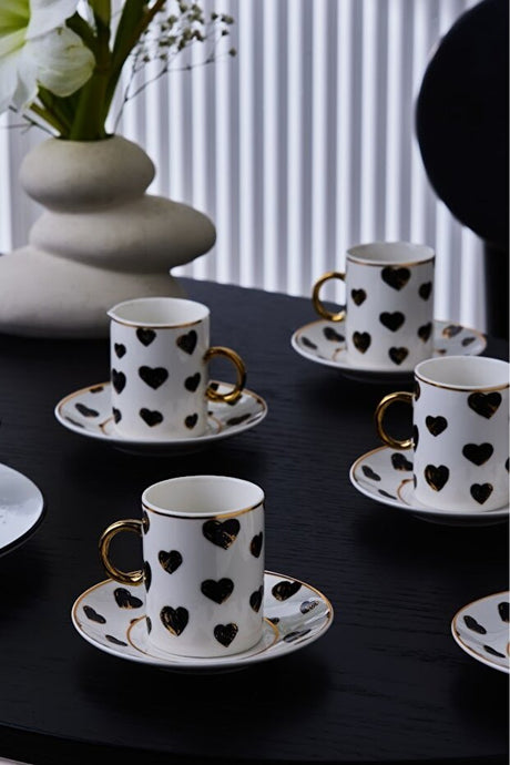 Premium Karaca Perry Heart Turkish Coffee Cup Set - 6 Person, 90ml - TryAladdin