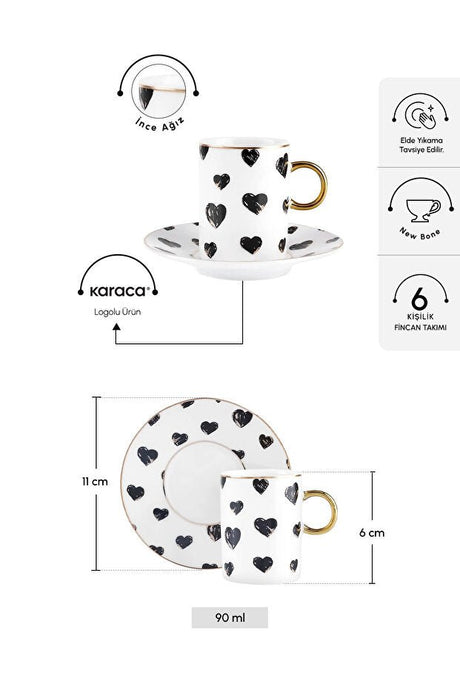 Premium Karaca Perry Heart Turkish Coffee Cup Set - 6 Person, 90ml - TryAladdin