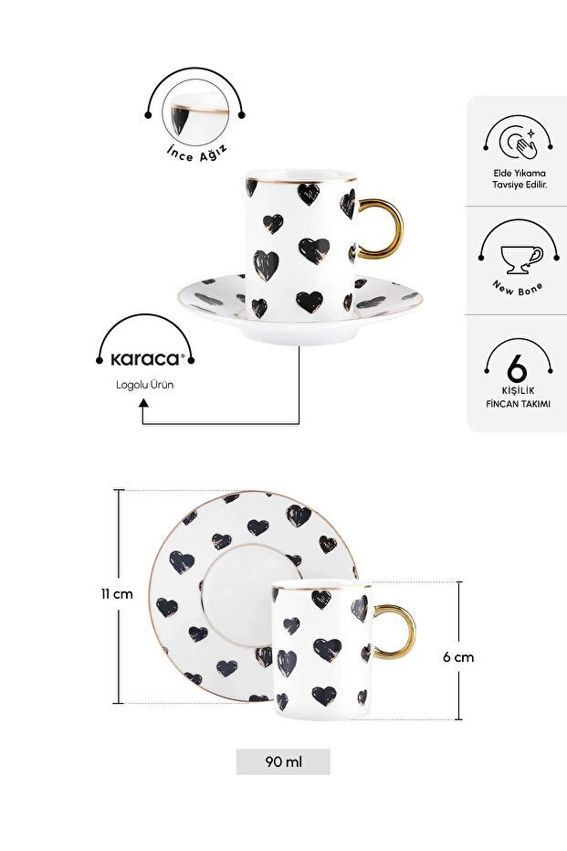 Premium Karaca Perry Heart Turkish Coffee Cup Set - 6 Person, 90ml - TryAladdin