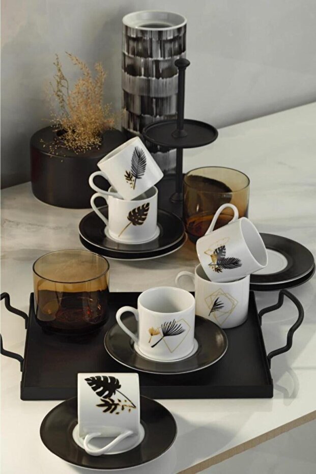 Premium Kutahya Porselen Golden Leaf Turkish Coffee Cup Set - 12 - Piece - TryAladdin