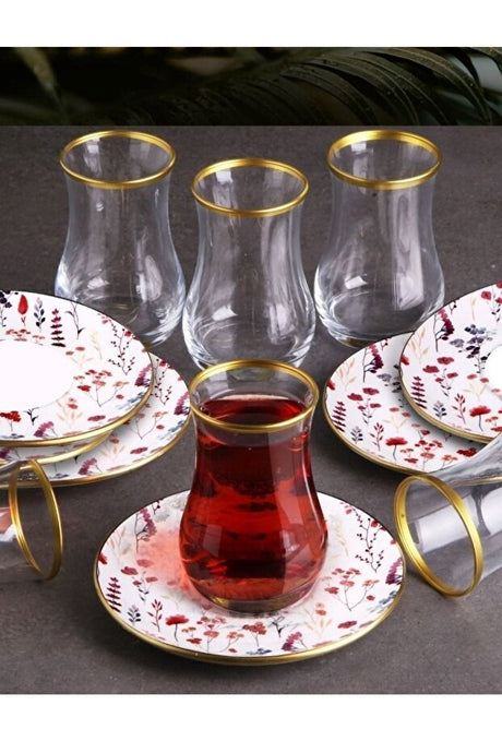 Premium Multi - Color Ceramic Turkish Tea Glass & Saucer Set - 6 Person - TryAladdin
