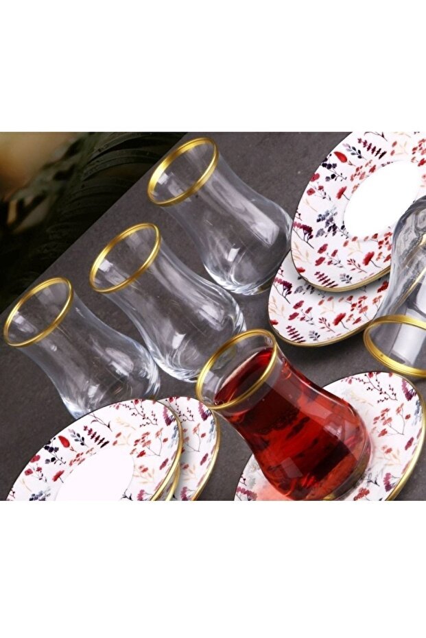 Premium Multi - Color Ceramic Turkish Tea Glass & Saucer Set - 6 Person - TryAladdin