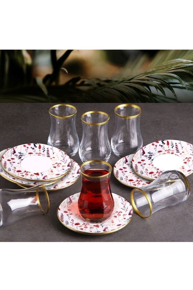 Premium Multi - Color Ceramic Turkish Tea Glass & Saucer Set - 6 Person - TryAladdin