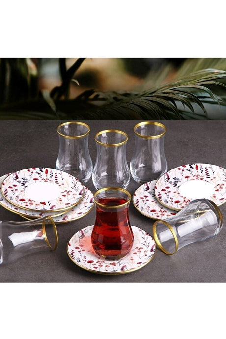 Premium Multi - Color Ceramic Turkish Tea Glass & Saucer Set - 6 Person - TryAladdin