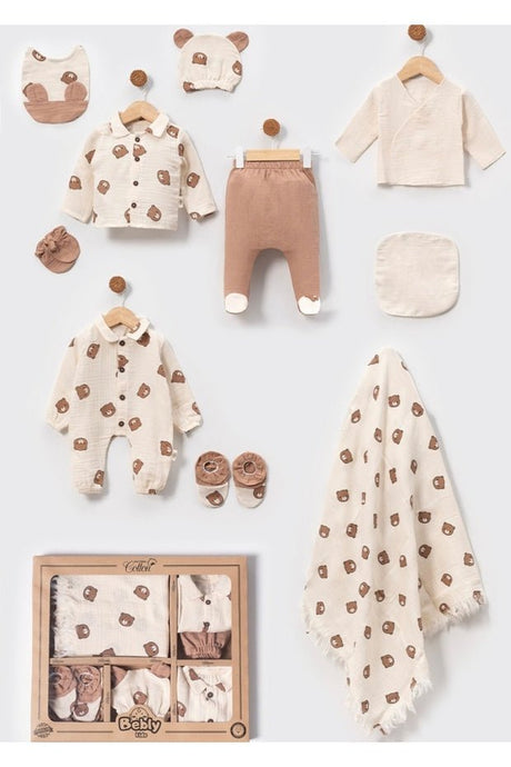 Premium Muslin Newborn Boy Layette Set with Bear Motif - 10 Pieces - TryAladdin