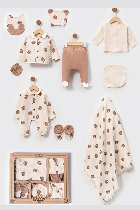 Premium Muslin Newborn Boy Layette Set with Bear Motif - 10 Pieces - TryAladdin