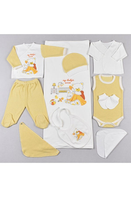 Premium Newborn 10 - Piece Yellow Embroidered Bear Layette Set - 100% Cotton - TryAladdin