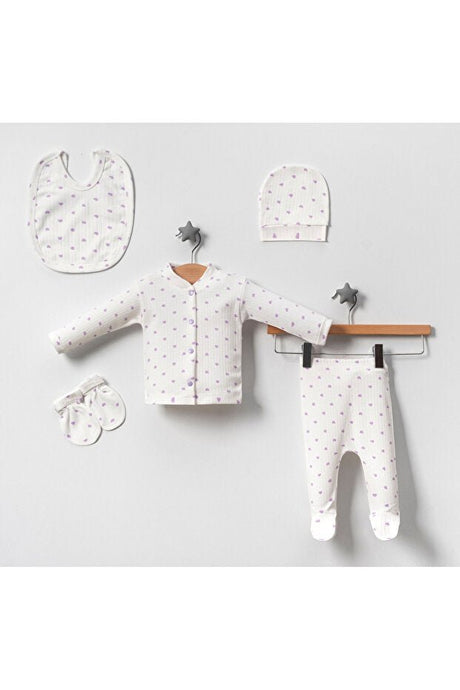 Premium Newborn 5 - Piece Ribbed Baby Set - Ecru Lilac Heart Design - TryAladdin