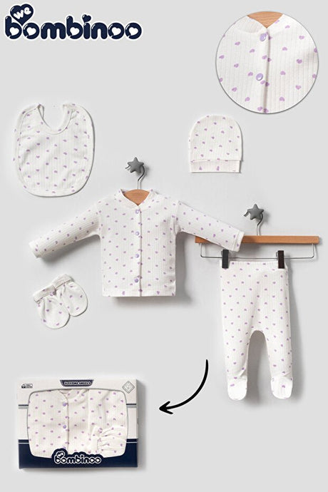 Premium Newborn 5 - Piece Ribbed Baby Set - Ecru Lilac Heart Design - TryAladdin