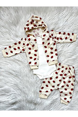 Premium Newborn Baby 3 - Piece Set - Strawberry Pattern Cream Hooded - TryAladdin