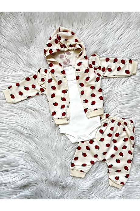 Premium Newborn Baby 3 - Piece Set - Strawberry Pattern Cream Hooded - TryAladdin
