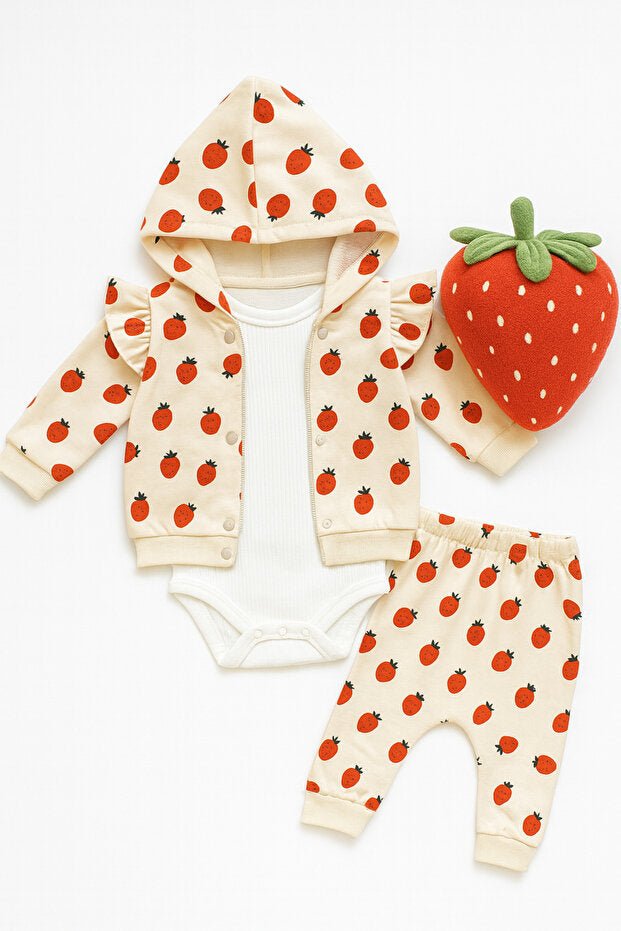 Premium Newborn Baby 3 - Piece Set - Strawberry Pattern Cream Hooded - TryAladdin