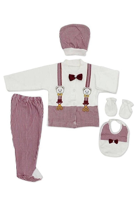 Premium Newborn Baby 5 - Piece Hospital Exit Set, Burgundy Bear Bow Tie Design - 750g - TryAladdin