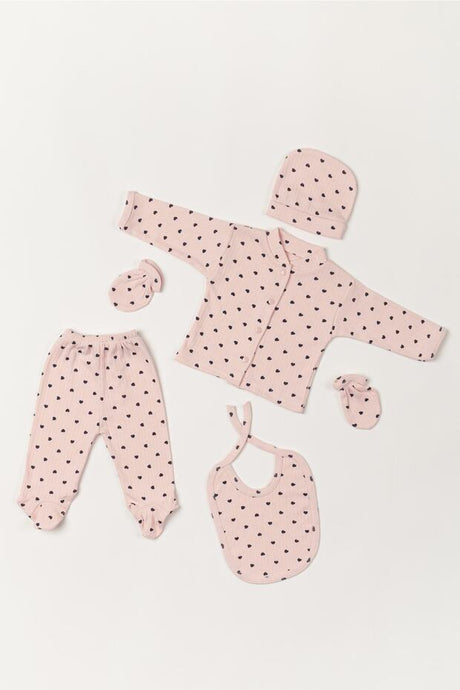 Premium Newborn Baby Bodysuit Set - 5 - Piece Ribbed Pink Navy Heart - TryAladdin