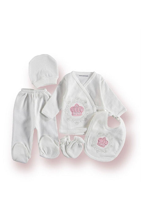 Premium Newborn Baby Girl Crown Design 5 - Piece Hospital Outfit Set - TryAladdin