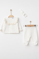 Premium Newborn Baby Girl Ecru Embroidered Outfit Set with Bandana & Lace Trim - 1 Set - TryAladdin