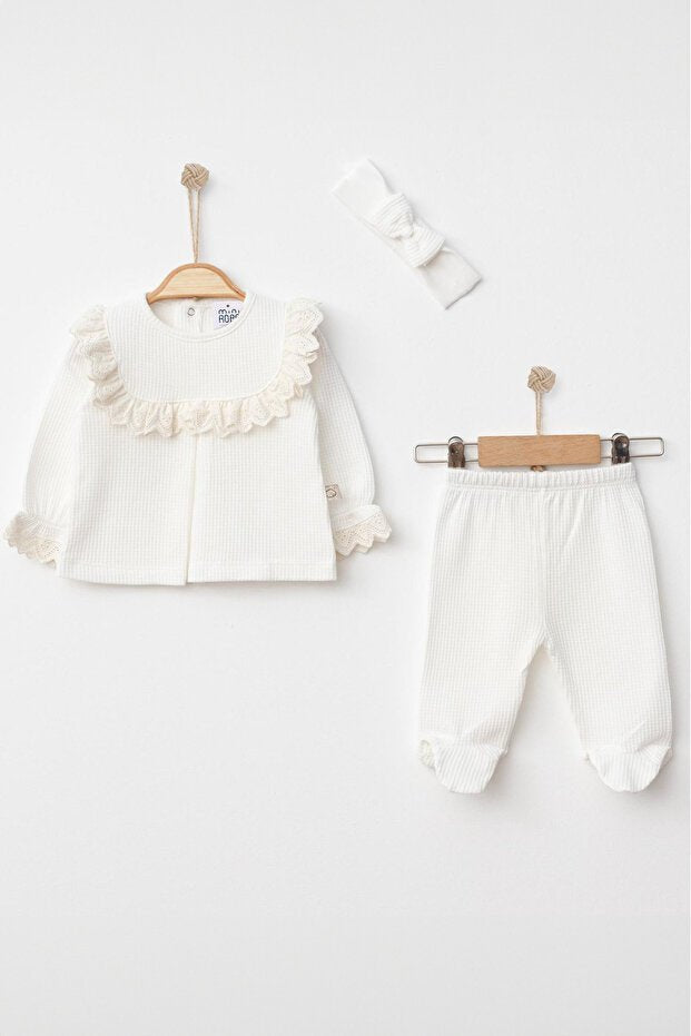 Premium Newborn Baby Girl Ecru Embroidered Outfit Set with Bandana & Lace Trim - 1 Set - TryAladdin