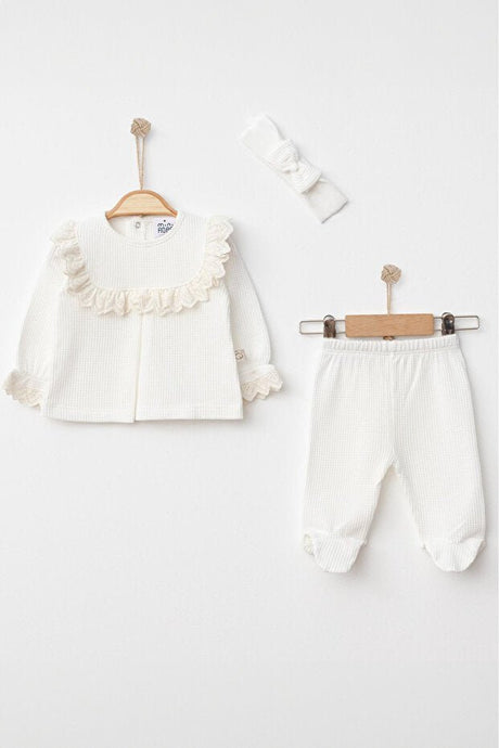 Premium Newborn Baby Girl Ecru Embroidered Outfit Set with Bandana & Lace Trim - 1 Set - TryAladdin