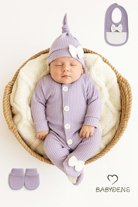 Premium Newborn Baby Girl Ribbed Jumpsuit Set - 4 Piece 100% Cotton - TryAladdin