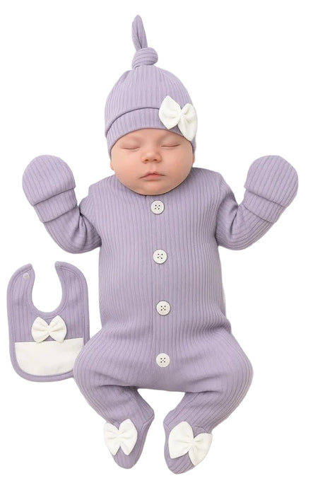 Premium Newborn Baby Girl Ribbed Jumpsuit Set - 4 Piece 100% Cotton - TryAladdin