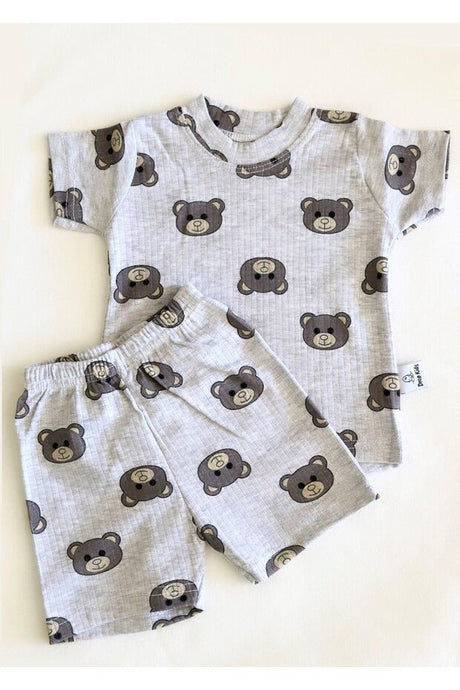 Premium Newborn Baby Short Sleeve Pajama Set - Grey Bear Print - 200g - TryAladdin