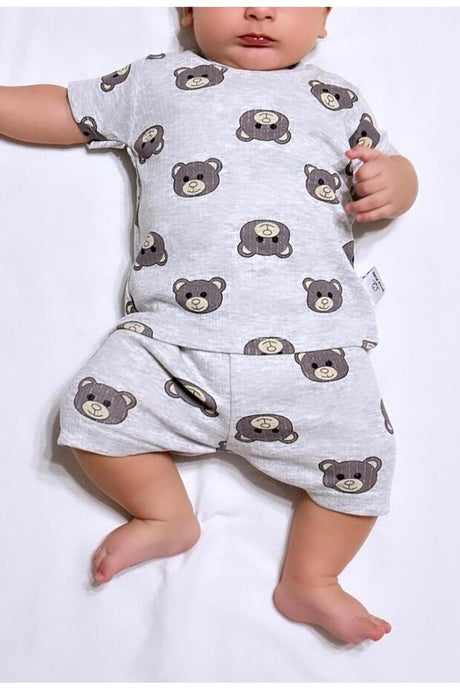 Premium Newborn Baby Short Sleeve Pajama Set - Grey Bear Print - 200g - TryAladdin