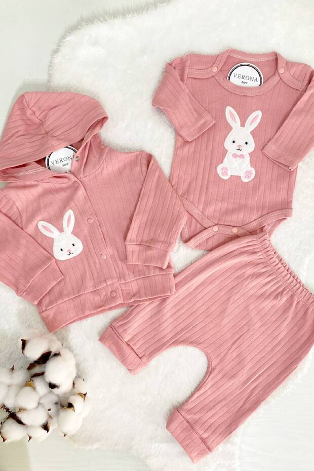 Premium Newborn Baby Unisex 3 - Piece Cardigan Hooded Outfit Set - Rabbit Embroidered Cotton - TryAladdin