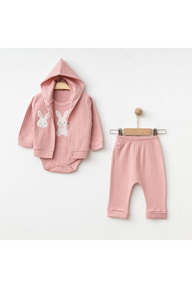 Premium Newborn Baby Unisex 3 - Piece Cardigan Hooded Outfit Set - Rabbit Embroidered Cotton - TryAladdin