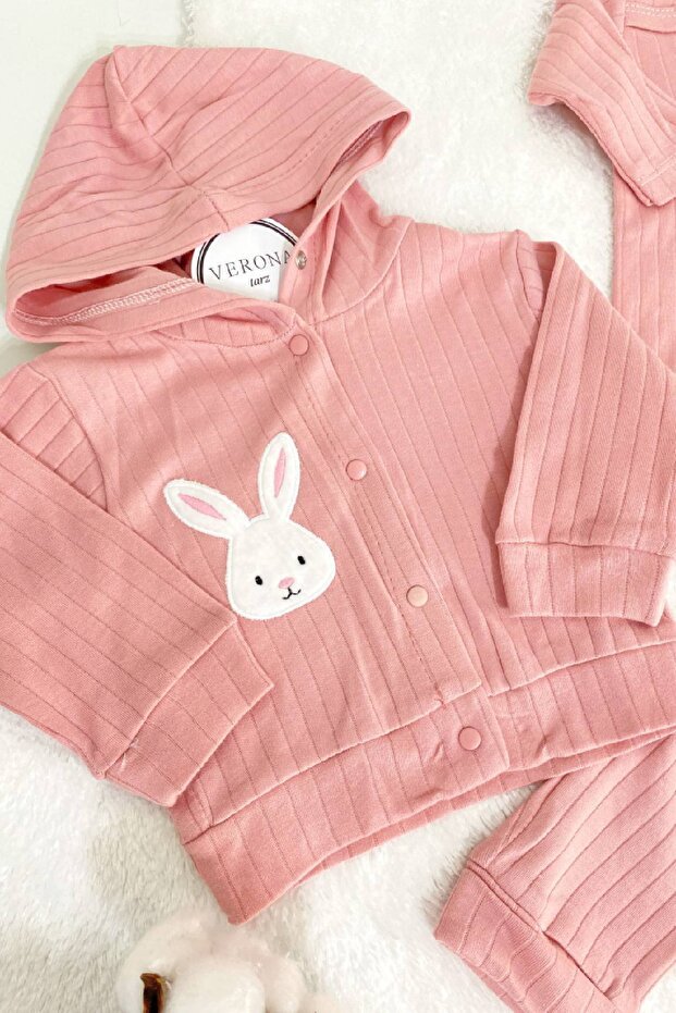 Premium Newborn Baby Unisex 3 - Piece Cardigan Hooded Outfit Set - Rabbit Embroidered Cotton - TryAladdin