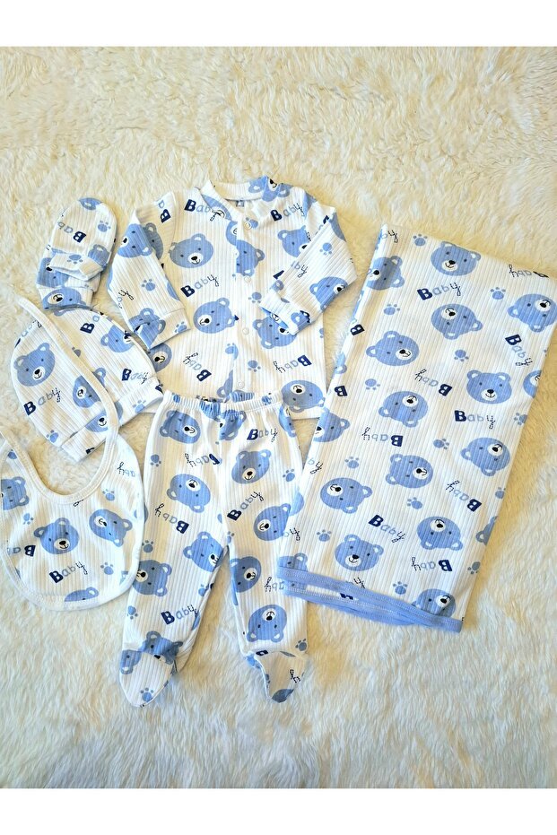 Premium Newborn Blue Bear Cotton Layette Set - 6 - Piece Kit - TryAladdin