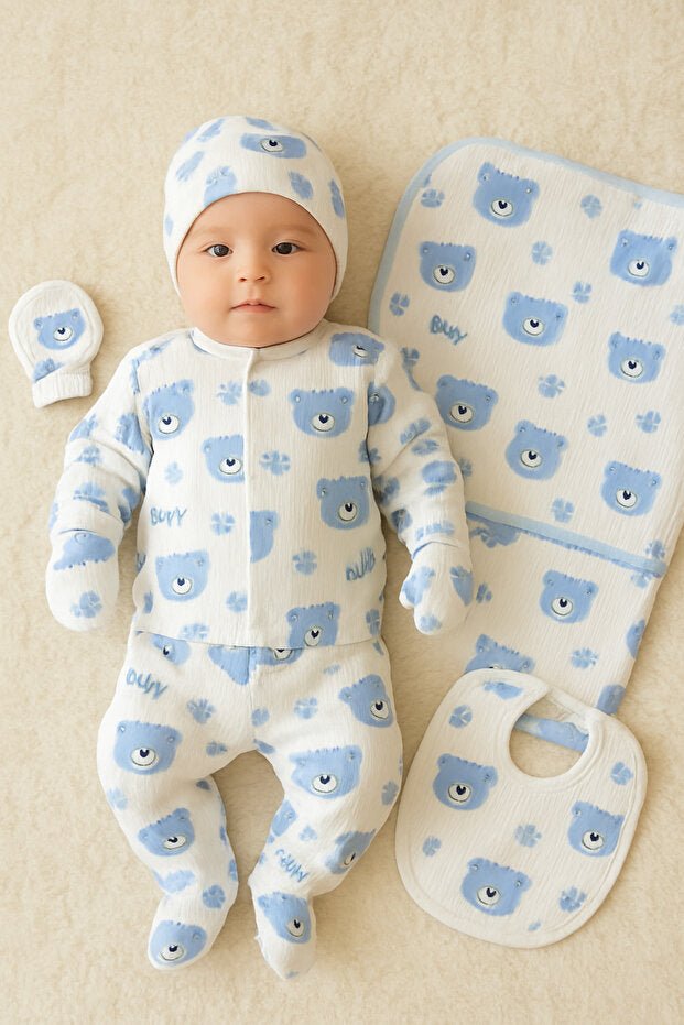Premium Newborn Blue Bear Cotton Layette Set - 6 - Piece Kit - TryAladdin