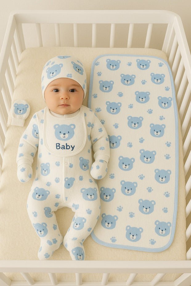 Premium Newborn Blue Bear Cotton Layette Set - 6 - Piece Kit - TryAladdin